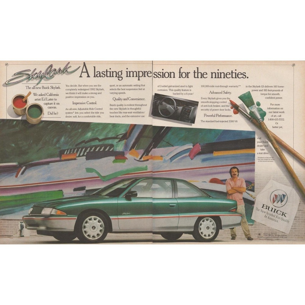 Vintage 1992 Buick Skylark GS Print Ad GM Automobile Car Art Two Page Spread